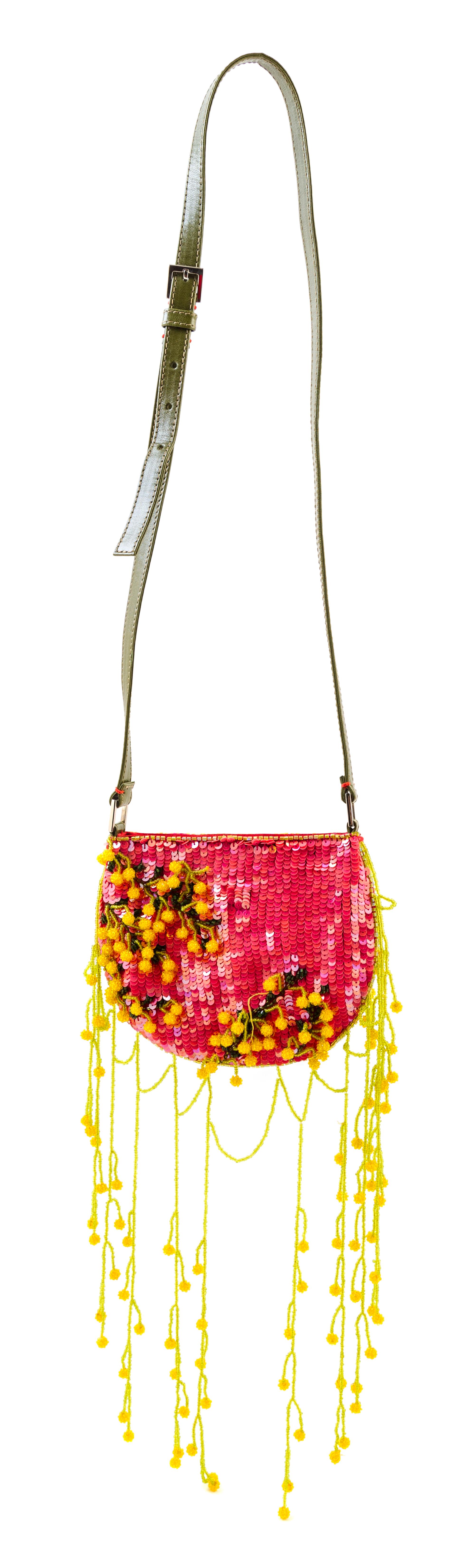 A Valentino Pink Sequin Hand Embroidered Shoulder Bag, 7" x 5.5" x .5"; Strap drop: 17.5".