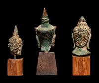Three Thai Bronze Buddha Heads with Stands