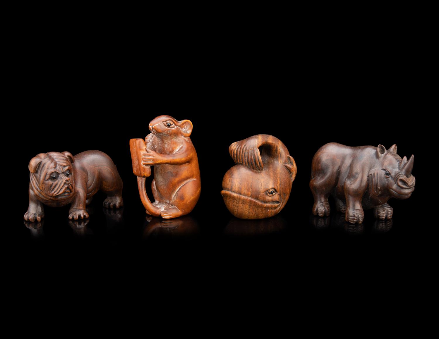 Four Japanese Carved Wood 'Animal' Netsuke