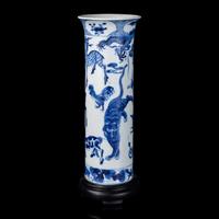 A Chinese Blue and White 'Zodiac' Beaker Vase, Late Qing Dynasty 清晚期 青花十二生肖圖直筒瓶