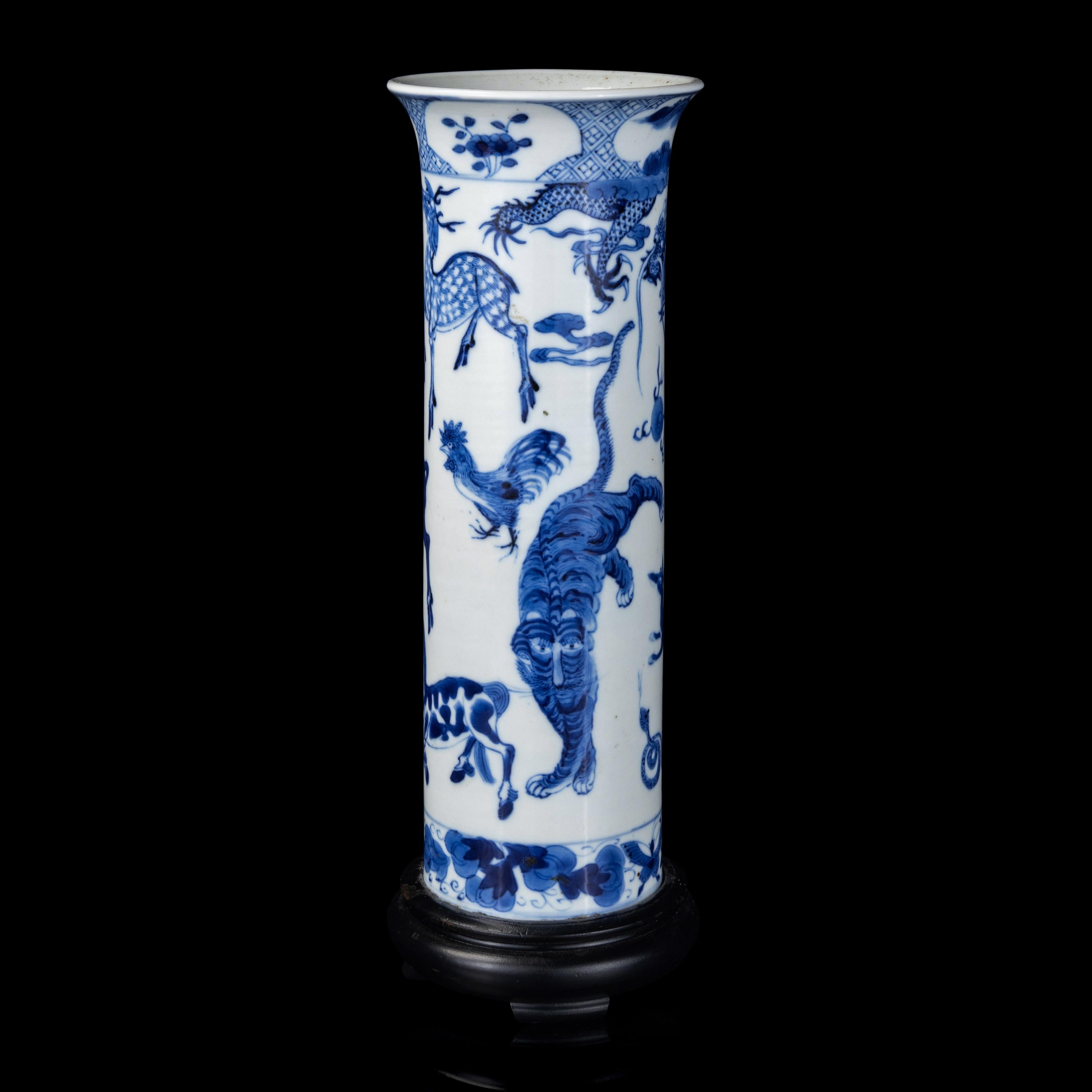 A Chinese Blue and White 'Zodiac' Beaker Vase, Late Qing Dynasty 清晚期 青花十二生肖圖直筒瓶