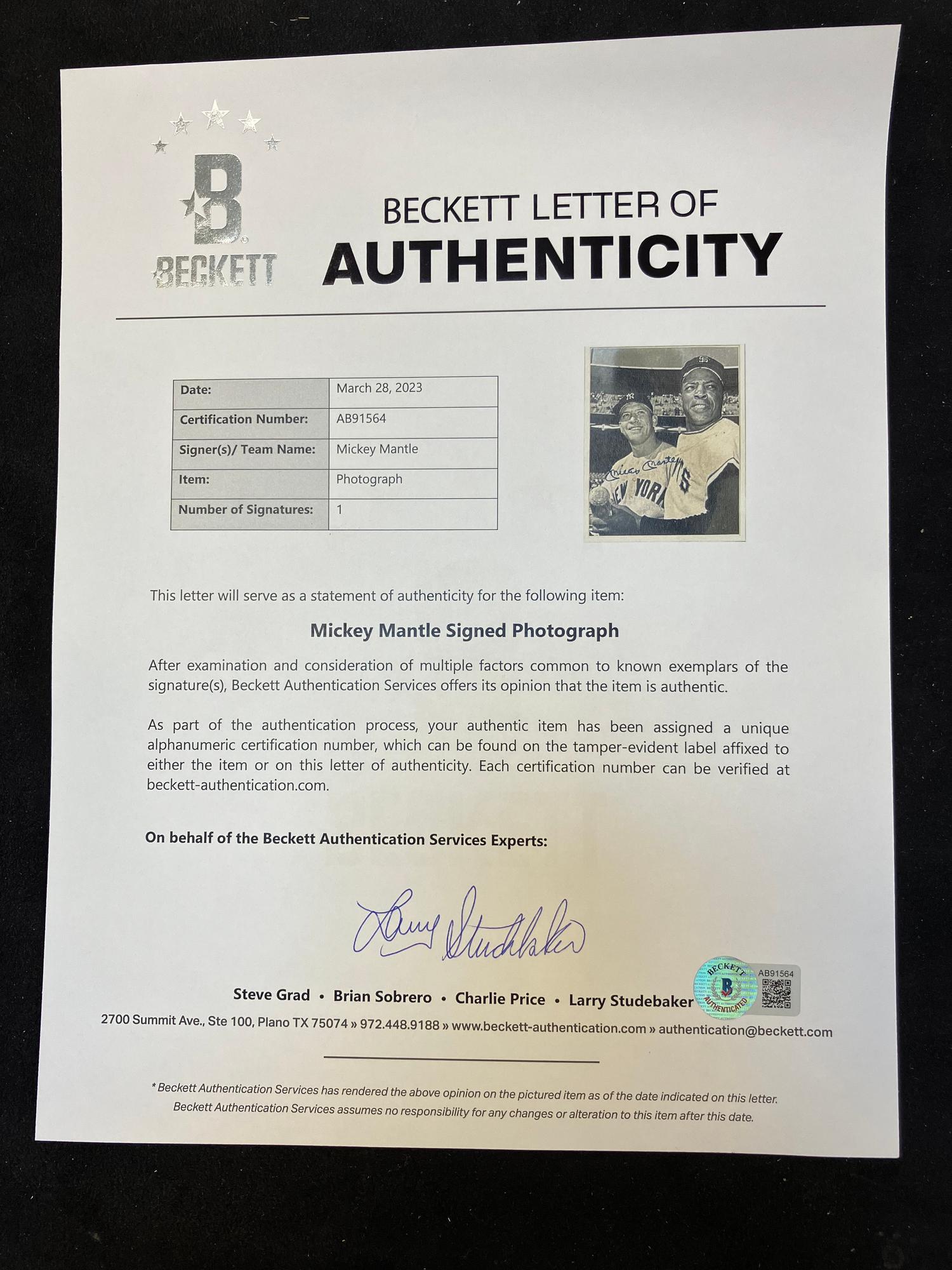 A Mickey Mantle and Willie Mays Signed Autograph Photo (Beckett Authentication Services Letter),
