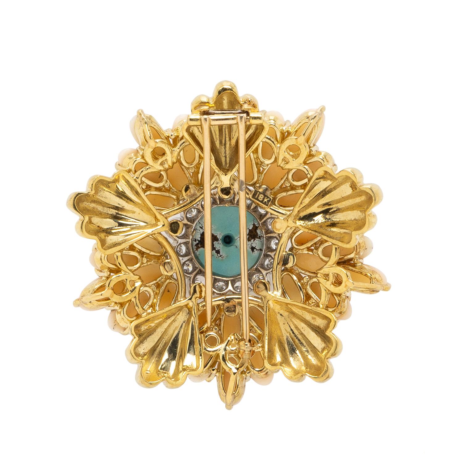 TURQUOISE, CORAL, AND DIAMOND BROOCH