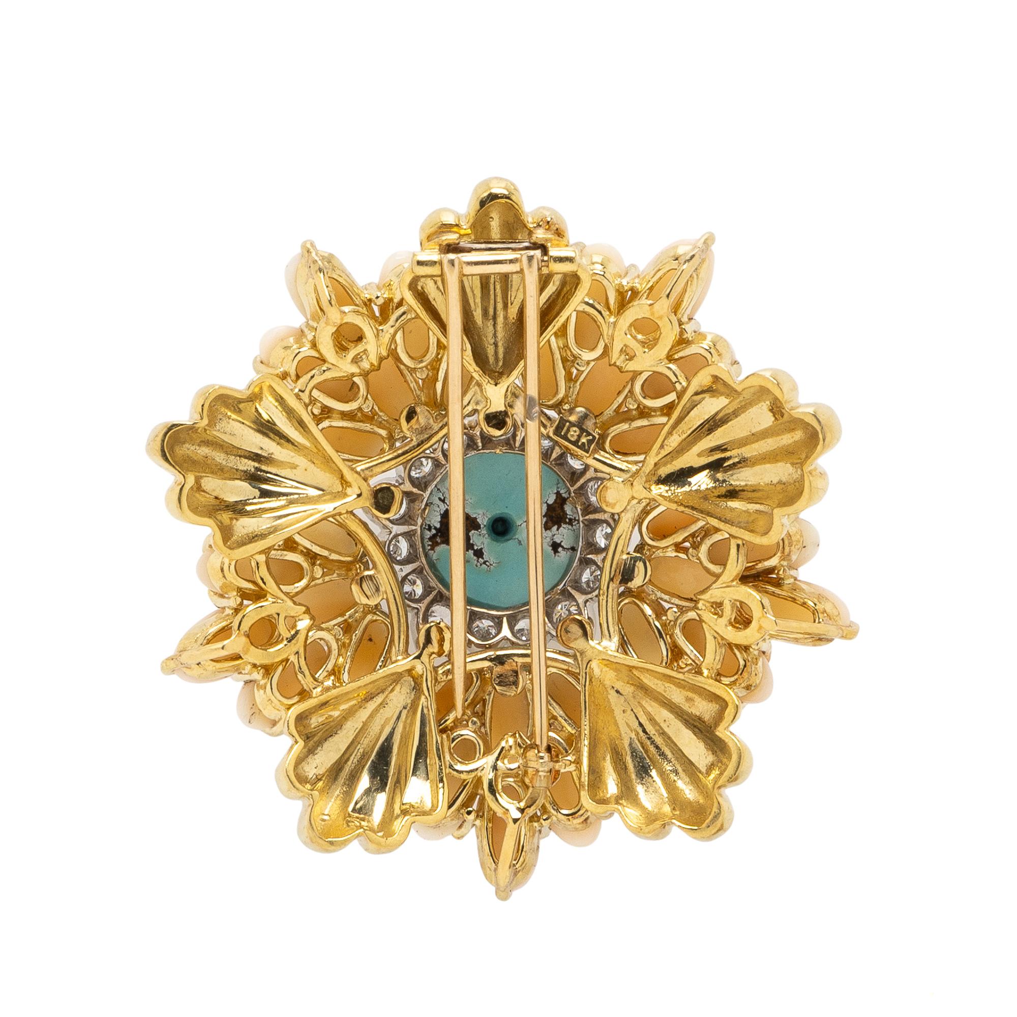 TURQUOISE, CORAL, AND DIAMOND BROOCH