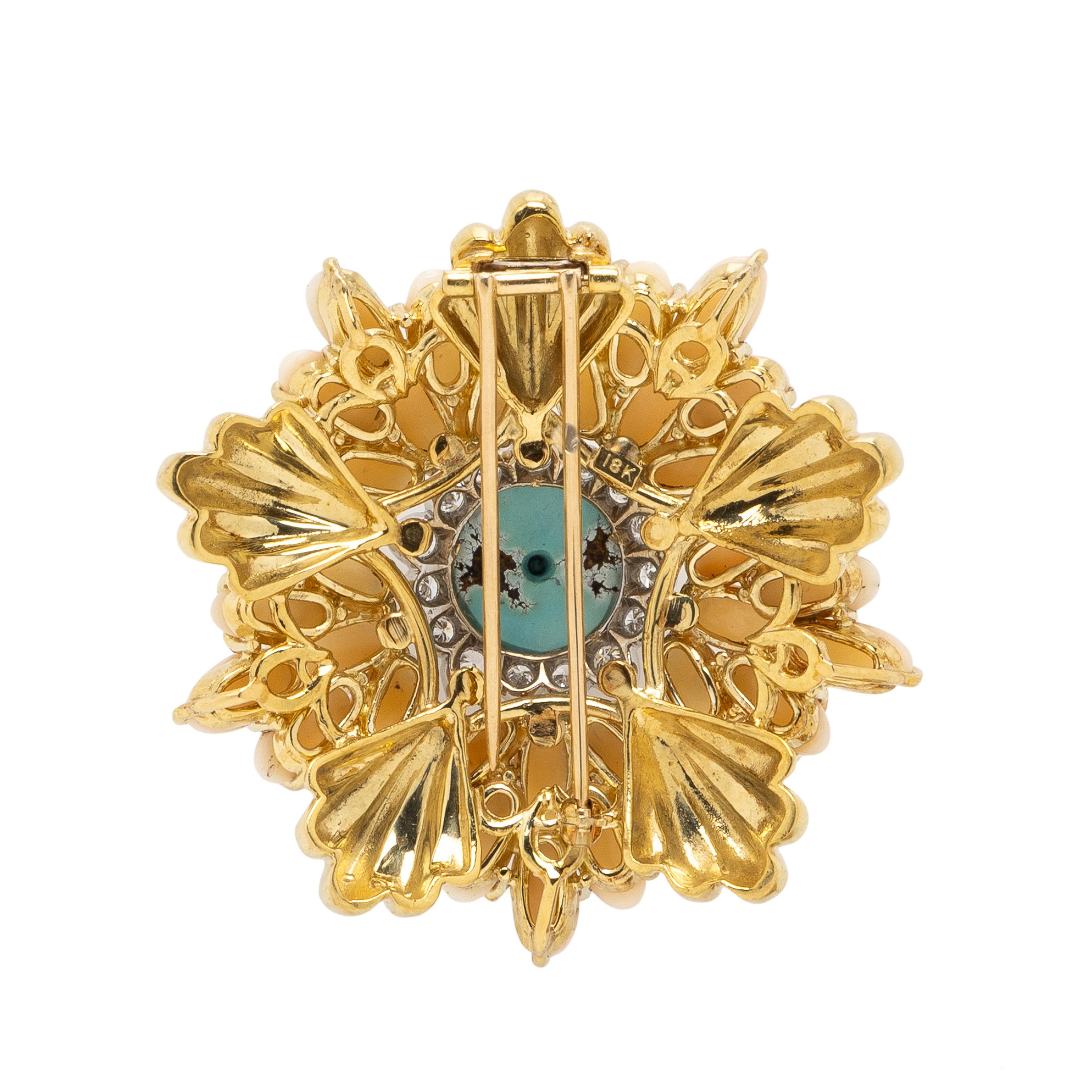 TURQUOISE, CORAL, AND DIAMOND BROOCH