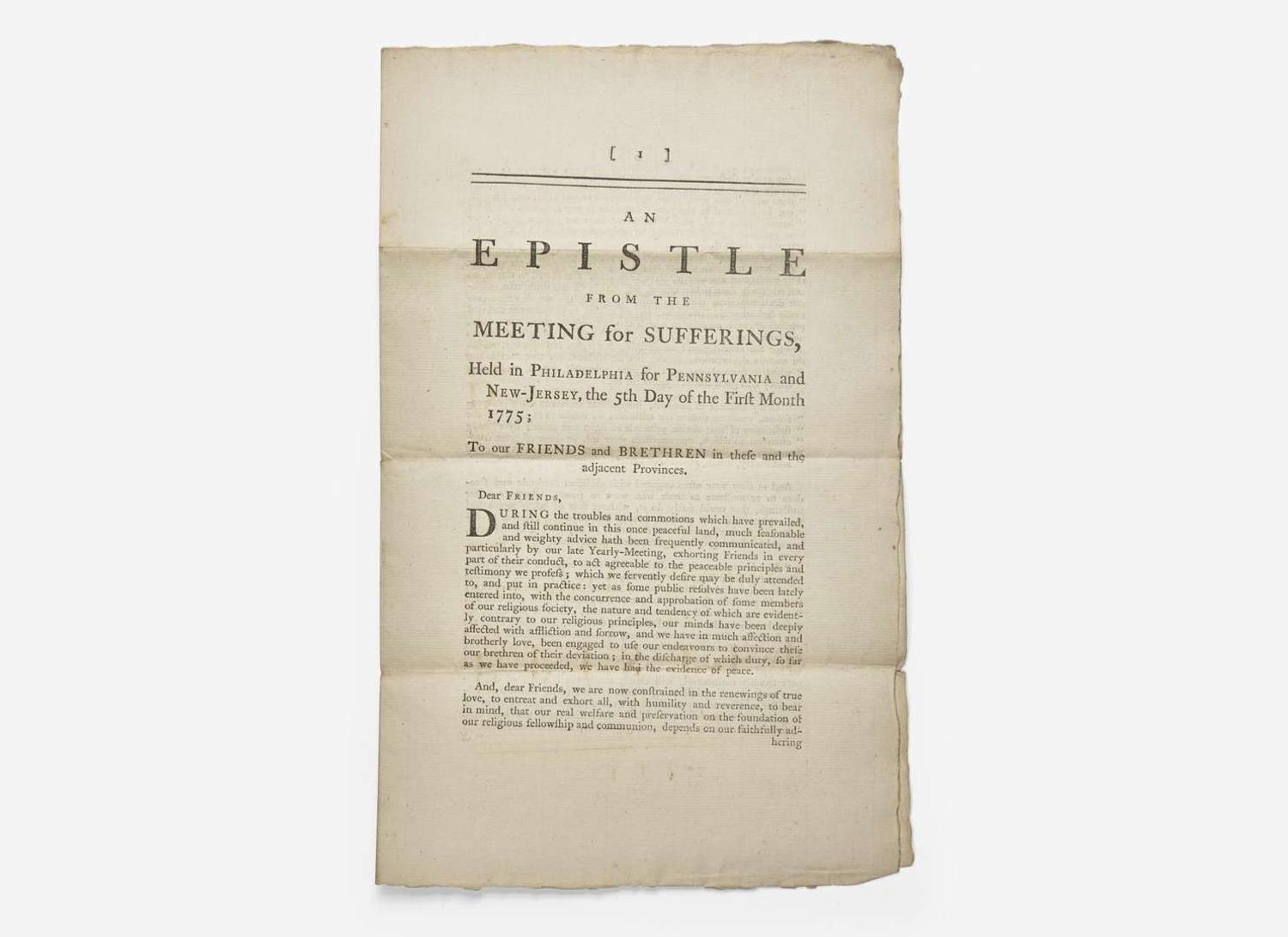 [American Revolution] Pemberton, John: An Epistle from the Meeting for Sufferings, Held in Philadelphia for Pennsylvania and New-Jersey, the 5th Day of the First Month 1775