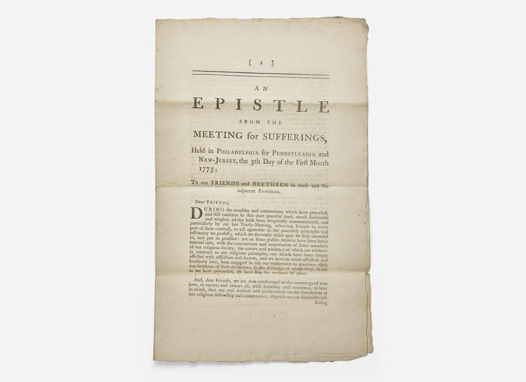 [American Revolution] Pemberton, John: An Epistle from the Meeting for Sufferings, Held in Philadelphia for Pennsylvania and New-Jersey, the 5th Day of the First Month 1775