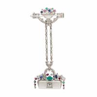 Lacloche Frères, Art Deco, Diamond, Ruby, Emerald, and Sapphire Lapel Watch