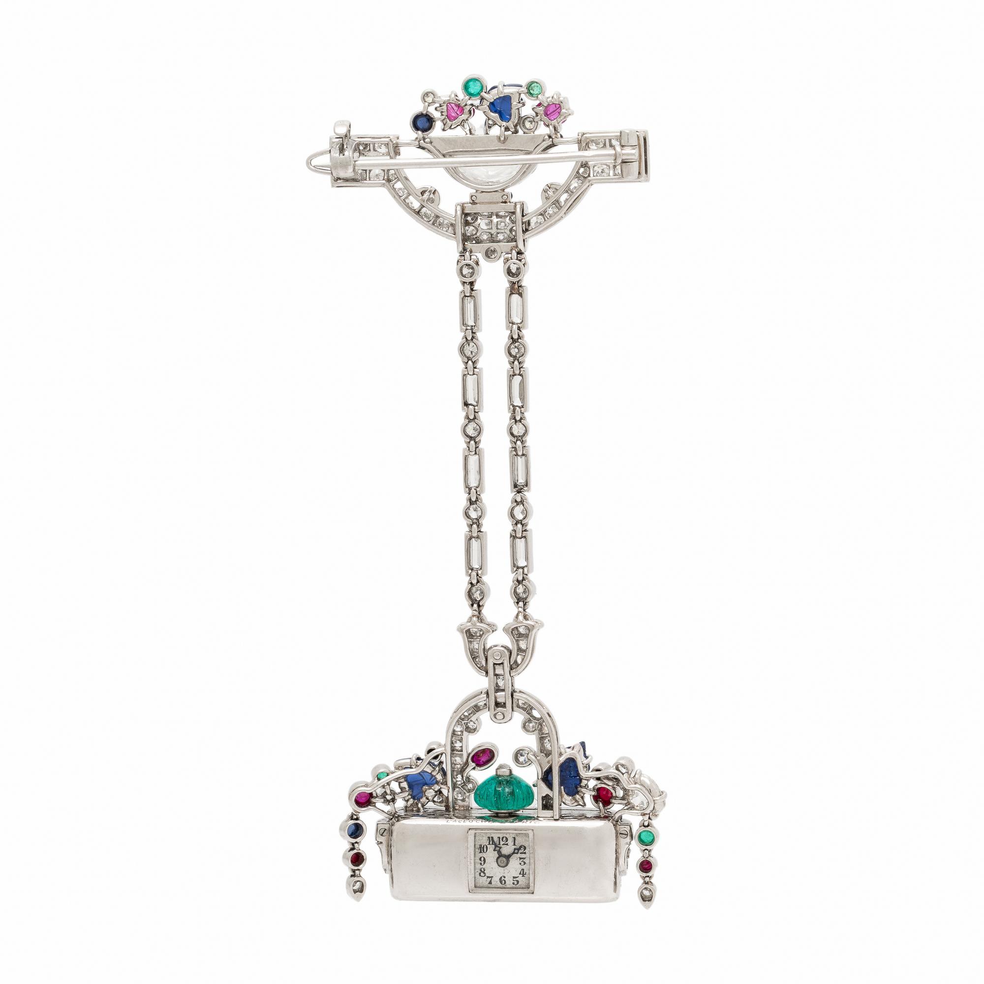 Lacloche Frères, Art Deco, Diamond, Ruby, Emerald, and Sapphire Lapel Watch