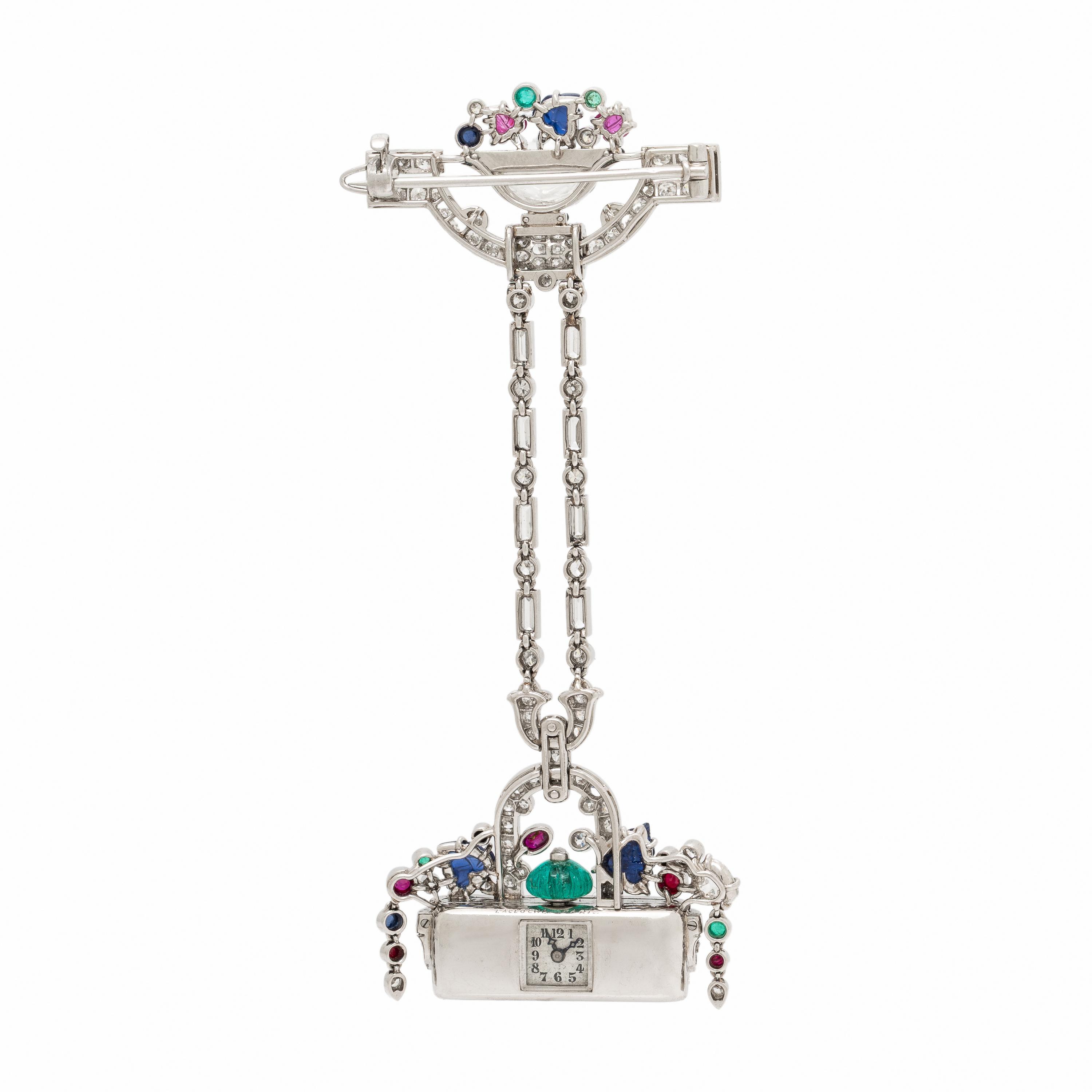 Lacloche Frères, Art Deco, Diamond, Ruby, Emerald, and Sapphire Lapel Watch