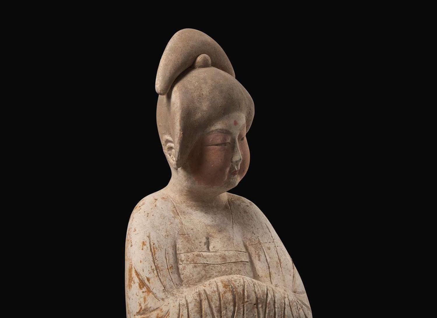 An impressive Chinese painted pottery model of a standing Court Lady, Tang dynasty 彩繪仕女 唐