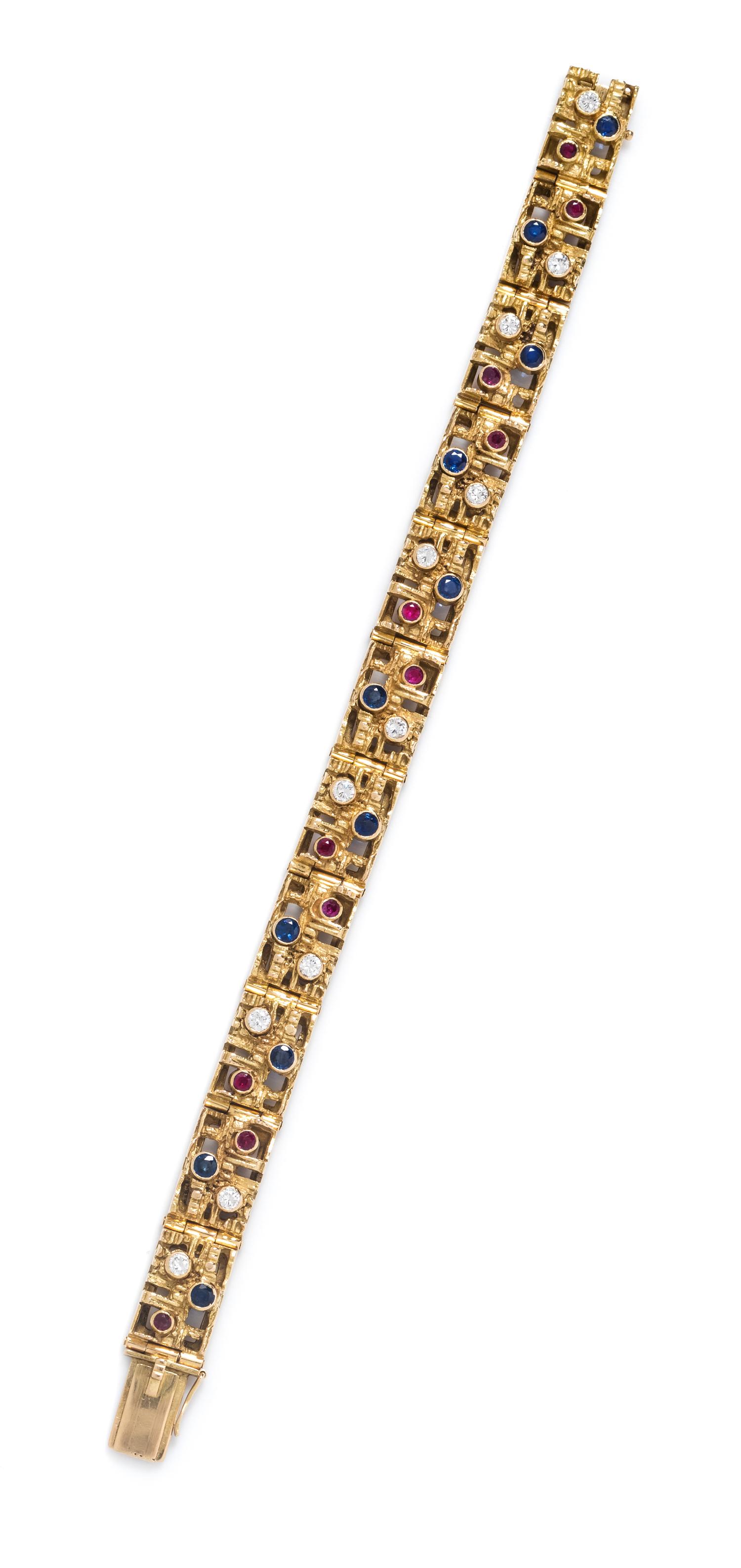 An 18 Karat Yellow Gold, Diamond, Sapphire and Ruby Bracelet, Italian,