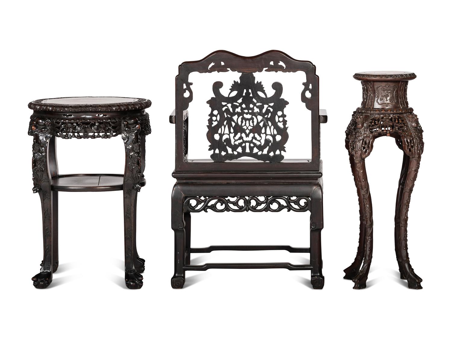 Two Chinese Hardwood Stands and an Armchair