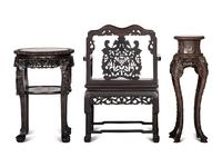 Two Chinese Hardwood Stands and an Armchair