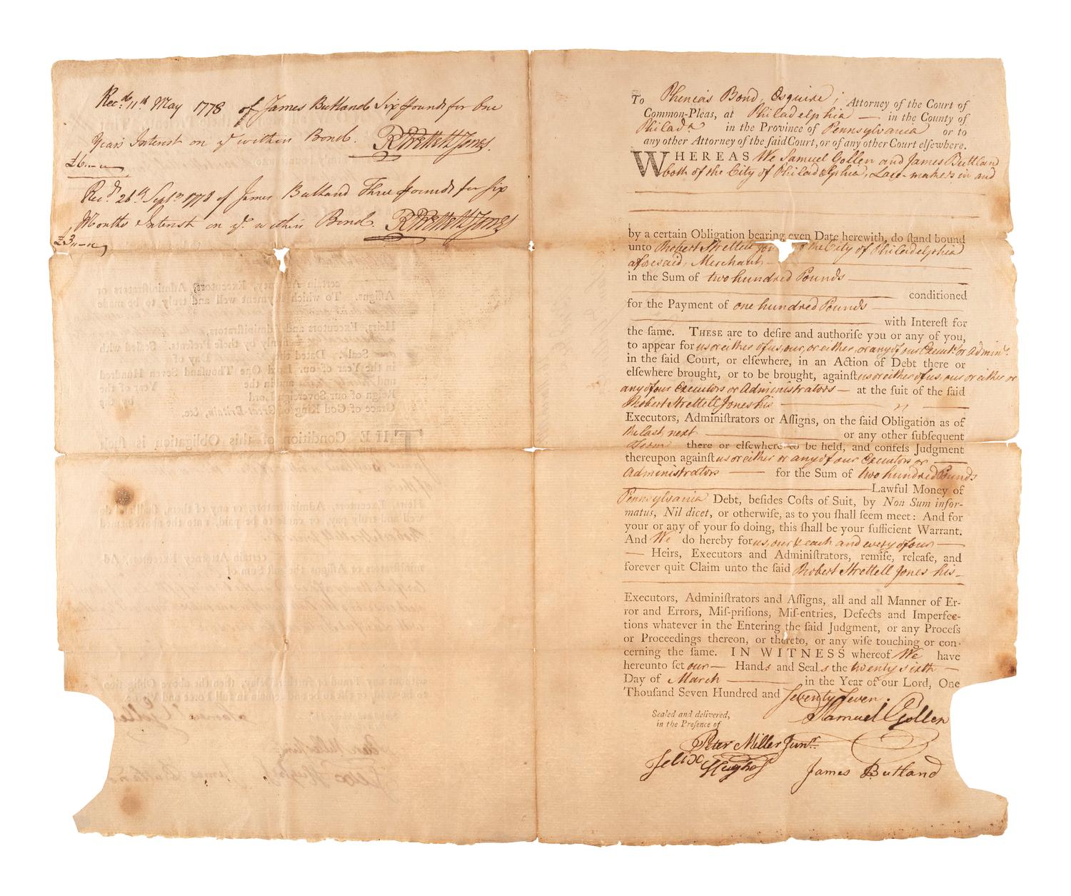 [PENNSYLVANIA]. Warrant for a list of men eligible for militia service in Philadelphia, PA. 23 April 1788.