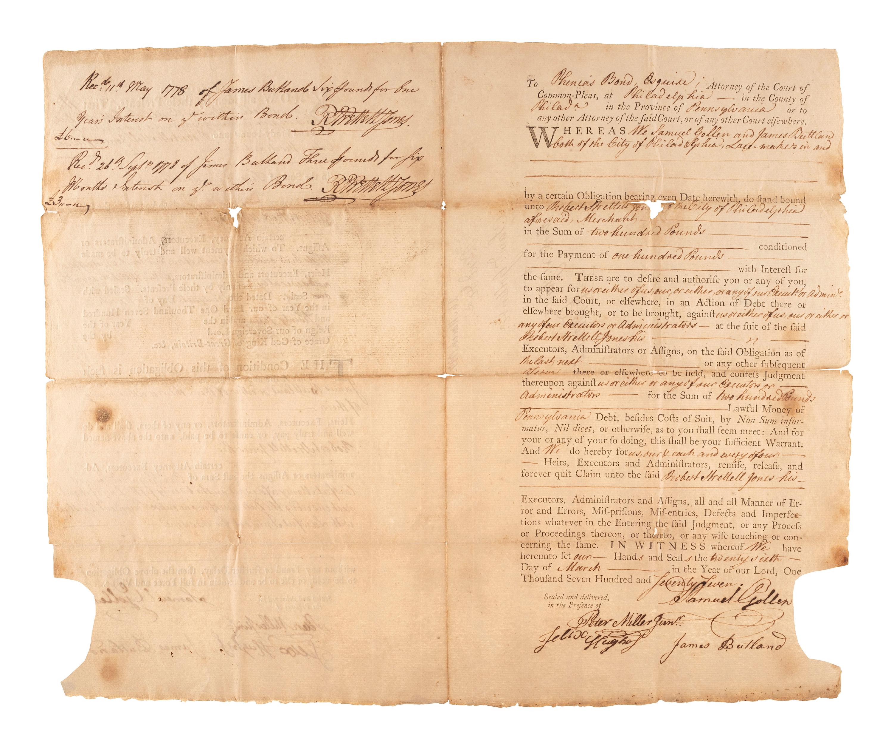 [PENNSYLVANIA]. Warrant for a list of men eligible for militia service in Philadelphia, PA. 23 April 1788.