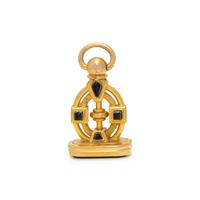 YELLOW GOLD, BLOODSTONE, AND ENAMEL FOB