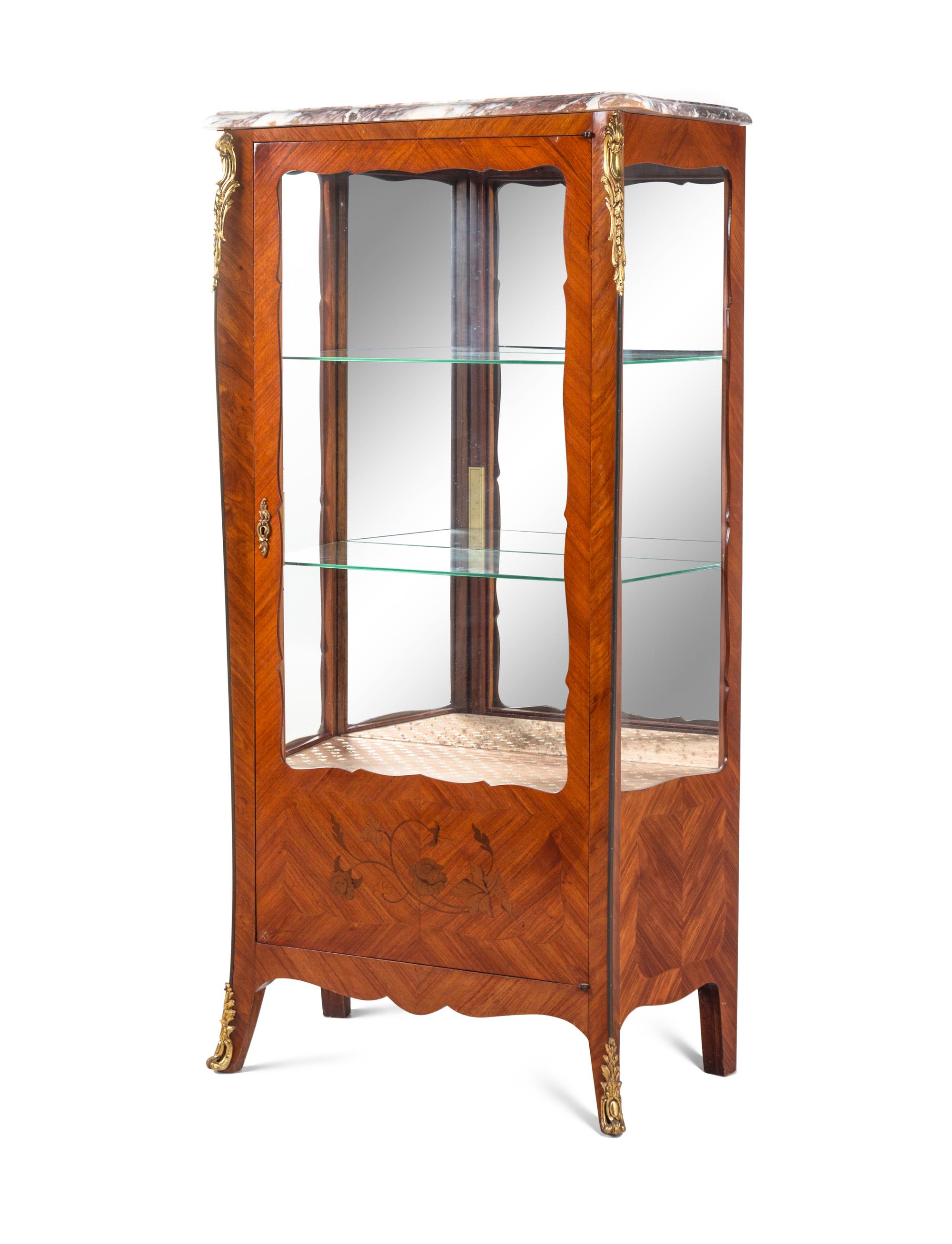A Louis XV Style Gilt Metal Mounted Marquetry Vitrine Cabinet