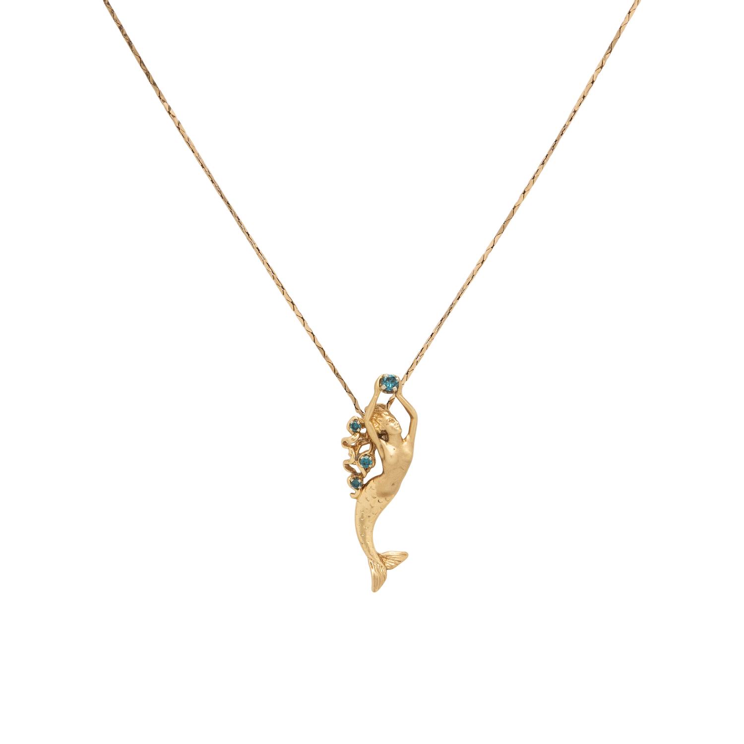 Steven Douglas, Treated Blue Diamond and Yellow Gold Mermaid Pendant Necklace