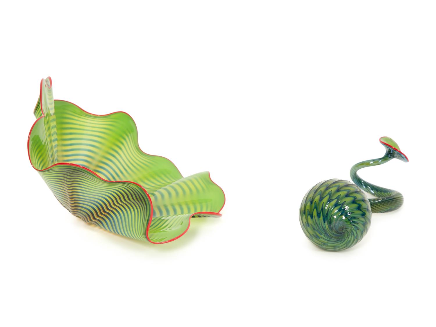 Two-Piece Persian Glass Set in Parrot Green with Red Lip