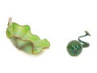 Two-Piece Persian Glass Set in Parrot Green with Red Lip