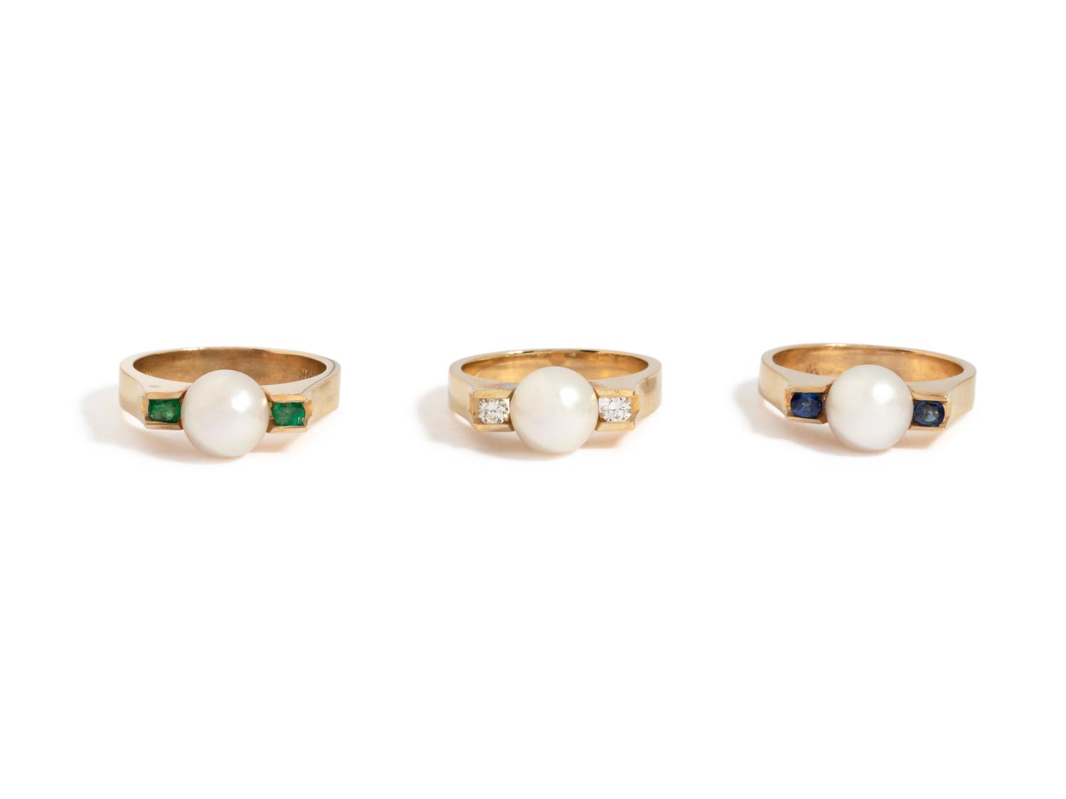 YELLOW GOLD, CULTURED PEARL, DIAMOND AND GEMSTONE RING SET