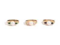 YELLOW GOLD, CULTURED PEARL, DIAMOND AND GEMSTONE RING SET