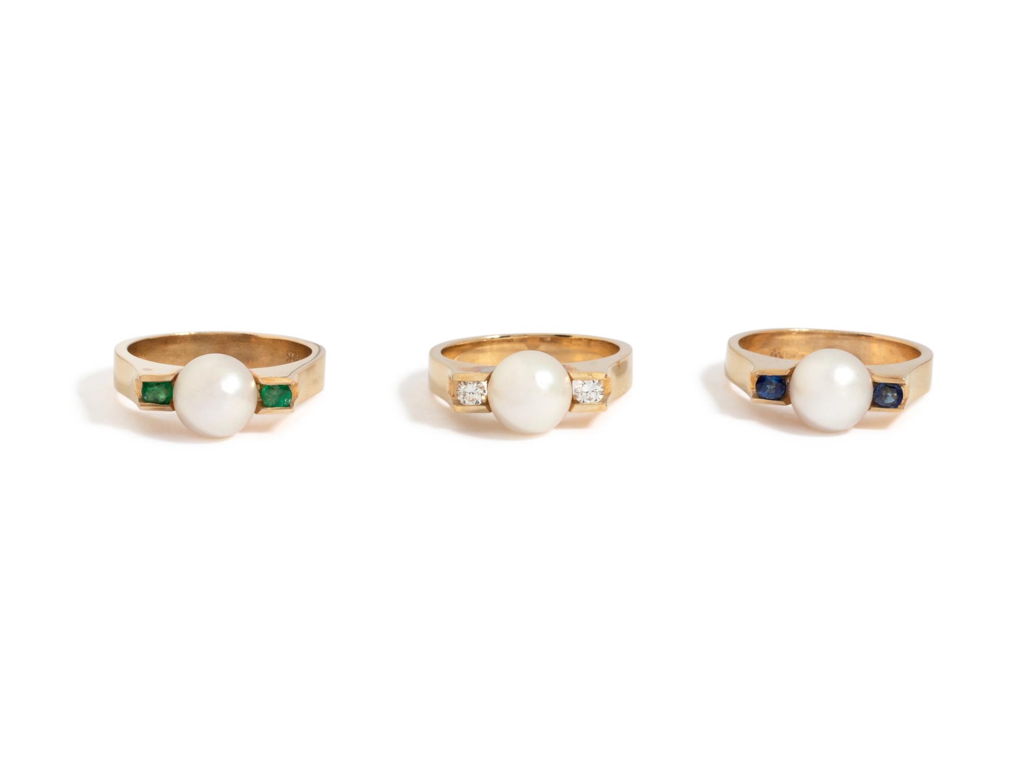 YELLOW GOLD, CULTURED PEARL, DIAMOND AND GEMSTONE RING SET