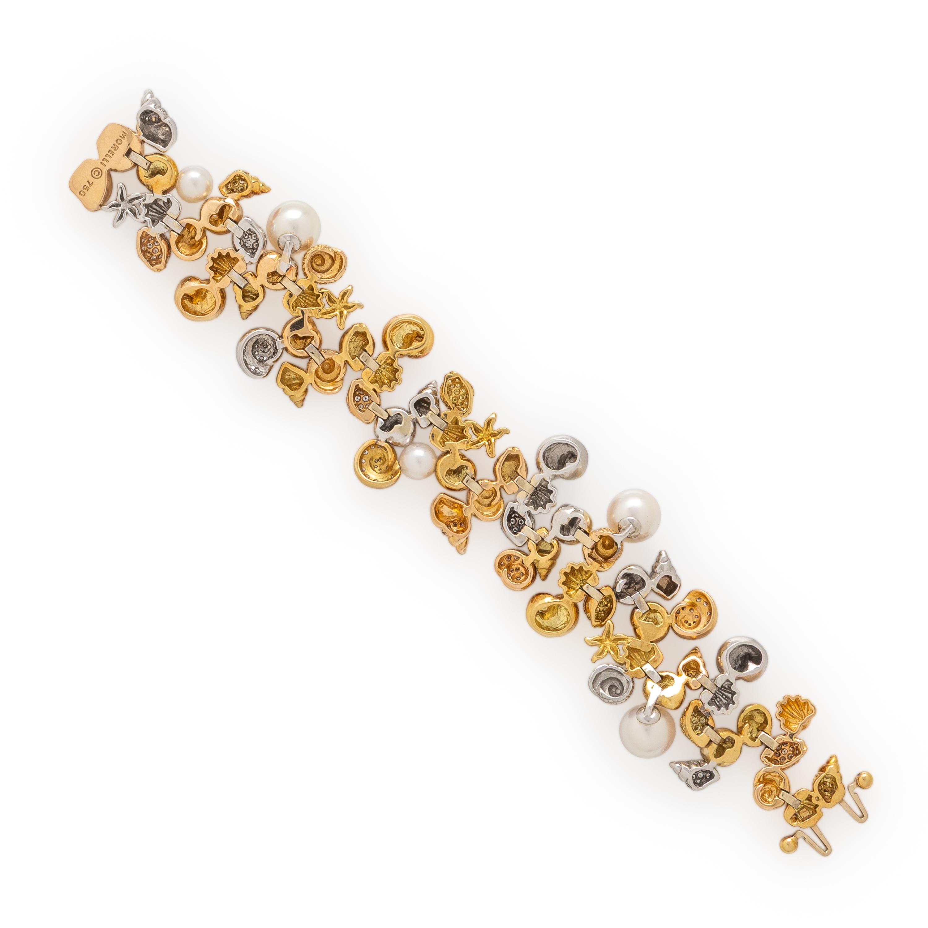 Paul Morelli, Tricolor Gold, Diamond, and Cultured Pearl Shell Motif Bracelet