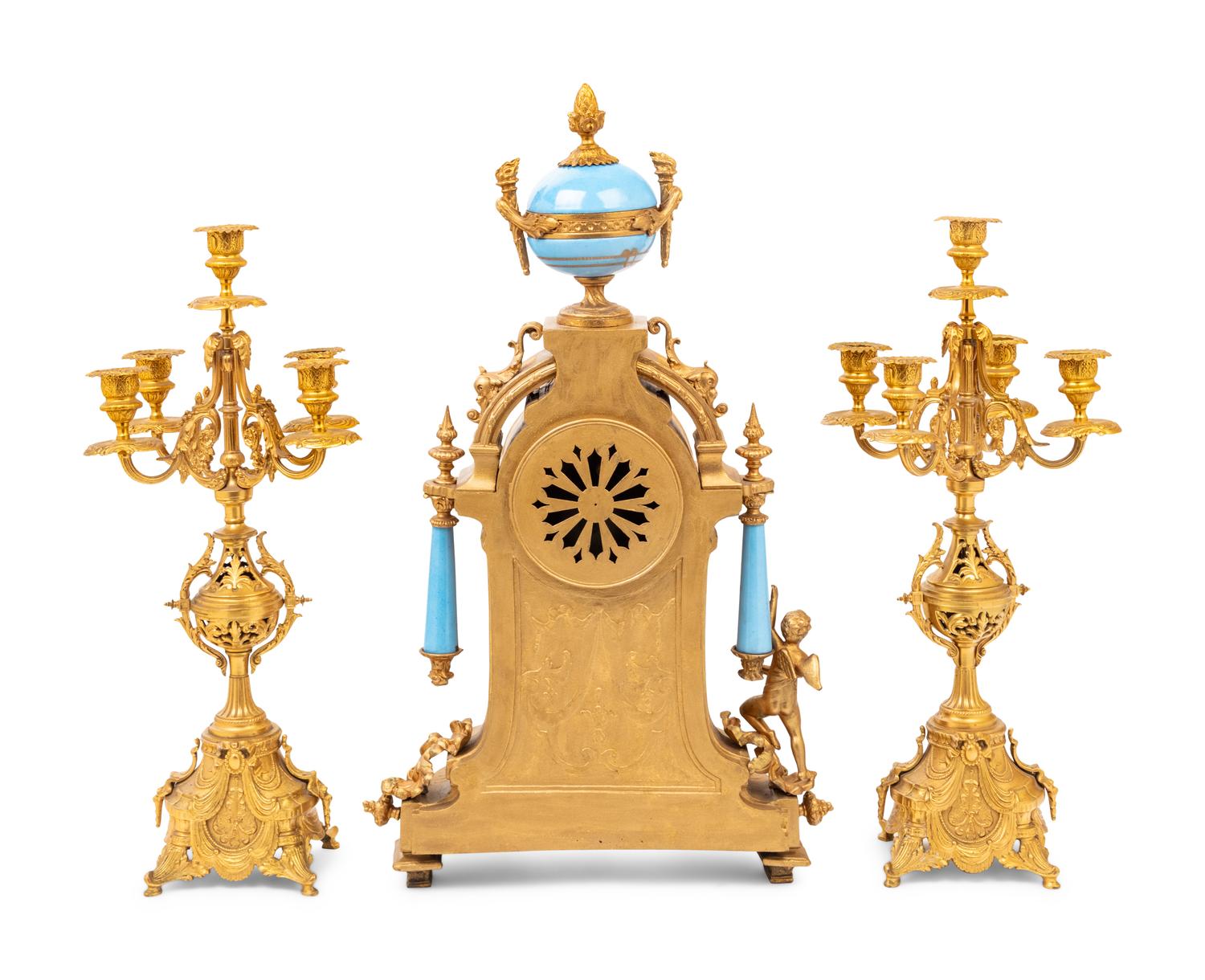 A French Gilt Bronze and Sèvres Style Porcelain Mounted Three-Piece Garniture