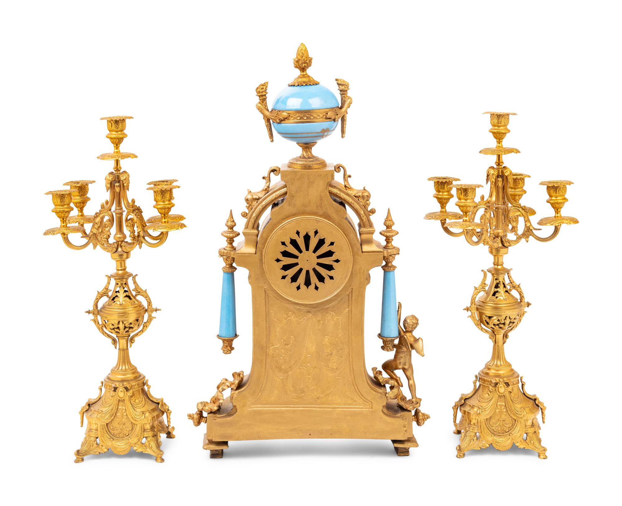 A French Gilt Bronze and Sèvres Style Porcelain Mounted Three-Piece Garniture
