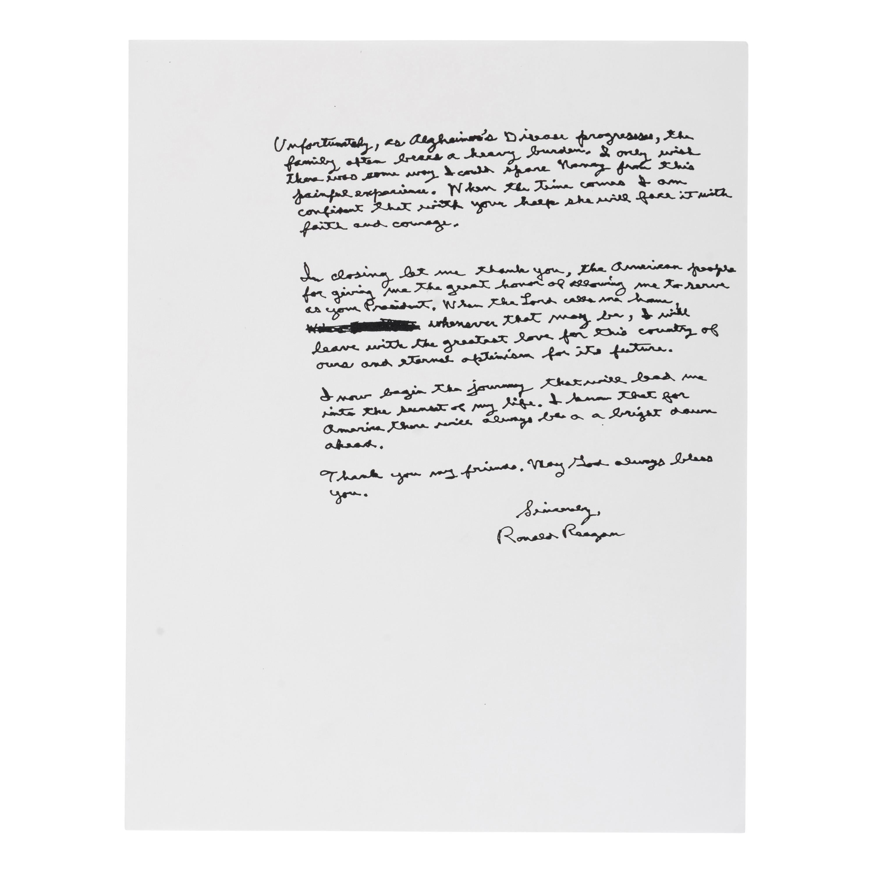 Reagan, Ronald (1911-2004). Photocopied speech signed ("Ronald Reagan"), ca 1995.