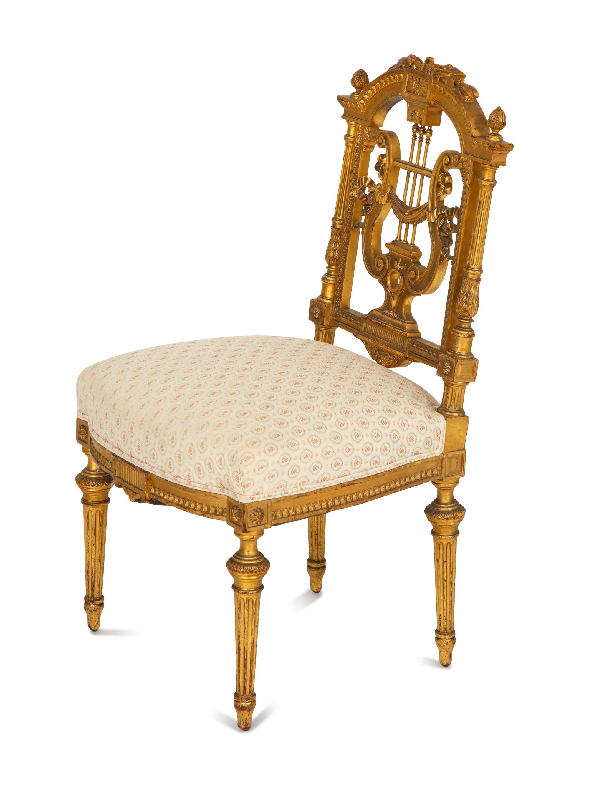 A Diminutive Louis XVI Style Giltwood Lyre-Back Chair