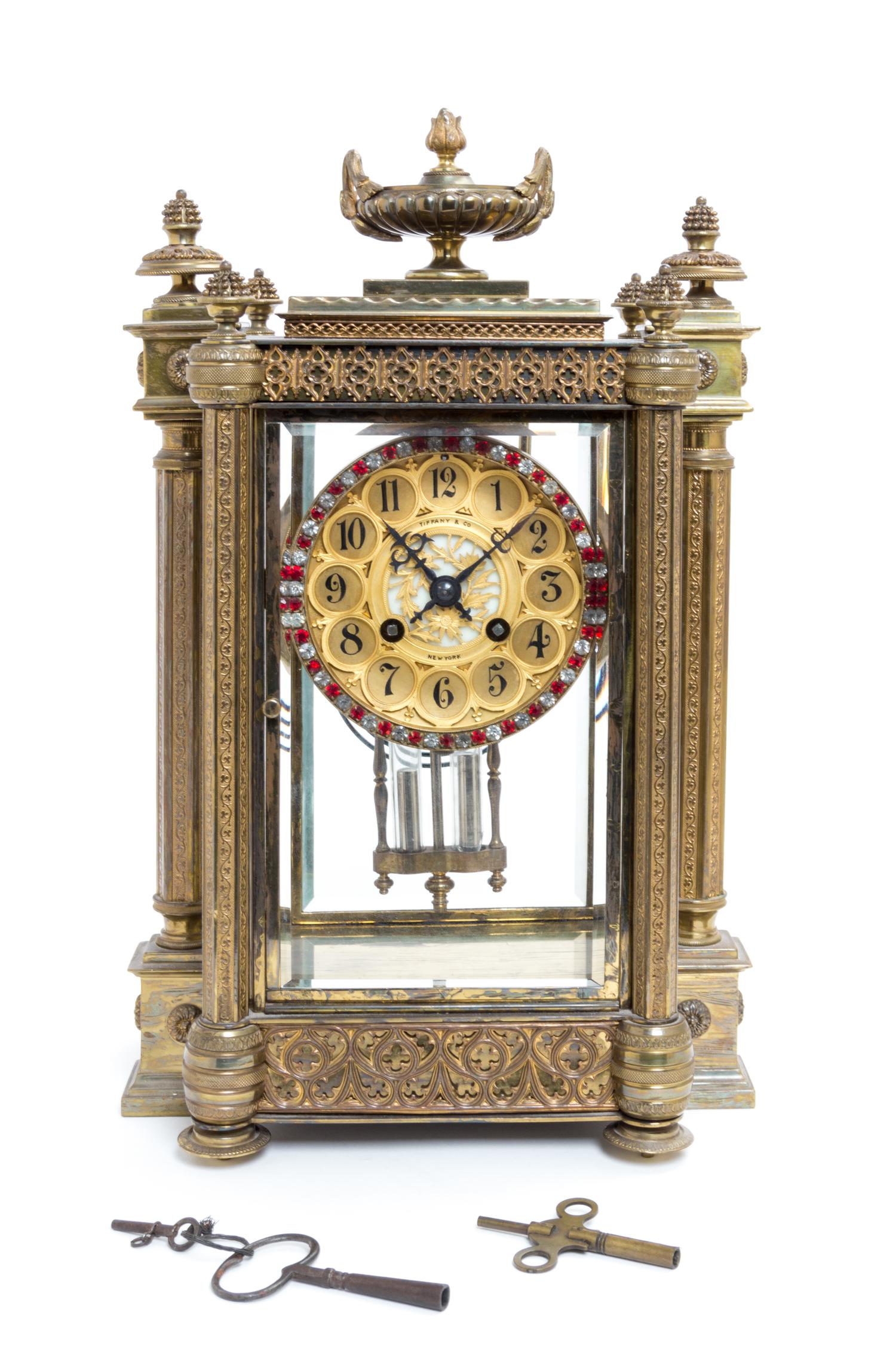 A French Gothic Revival Gilt Bronze Mantle Clock Height 14 1/4 inches. — MOVEMENT BY JAPY FRERES, RETAILED BY TIFFANY & CO.