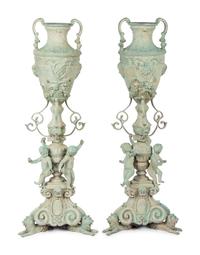 A Pair of Neoclassical Style Patinated Cast Metal or Bronze Urns