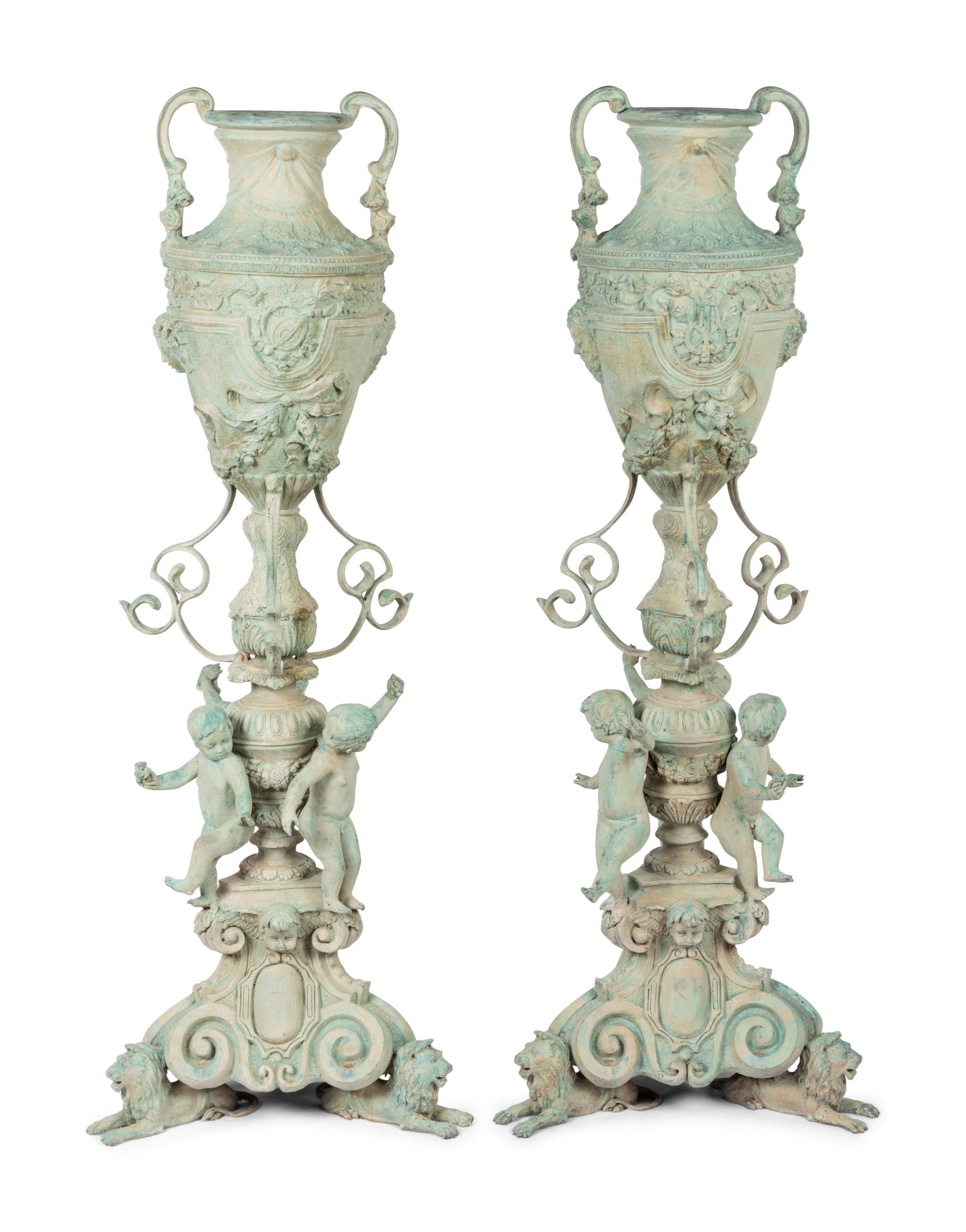 A Pair of Neoclassical Style Patinated Cast Metal or Bronze Urns