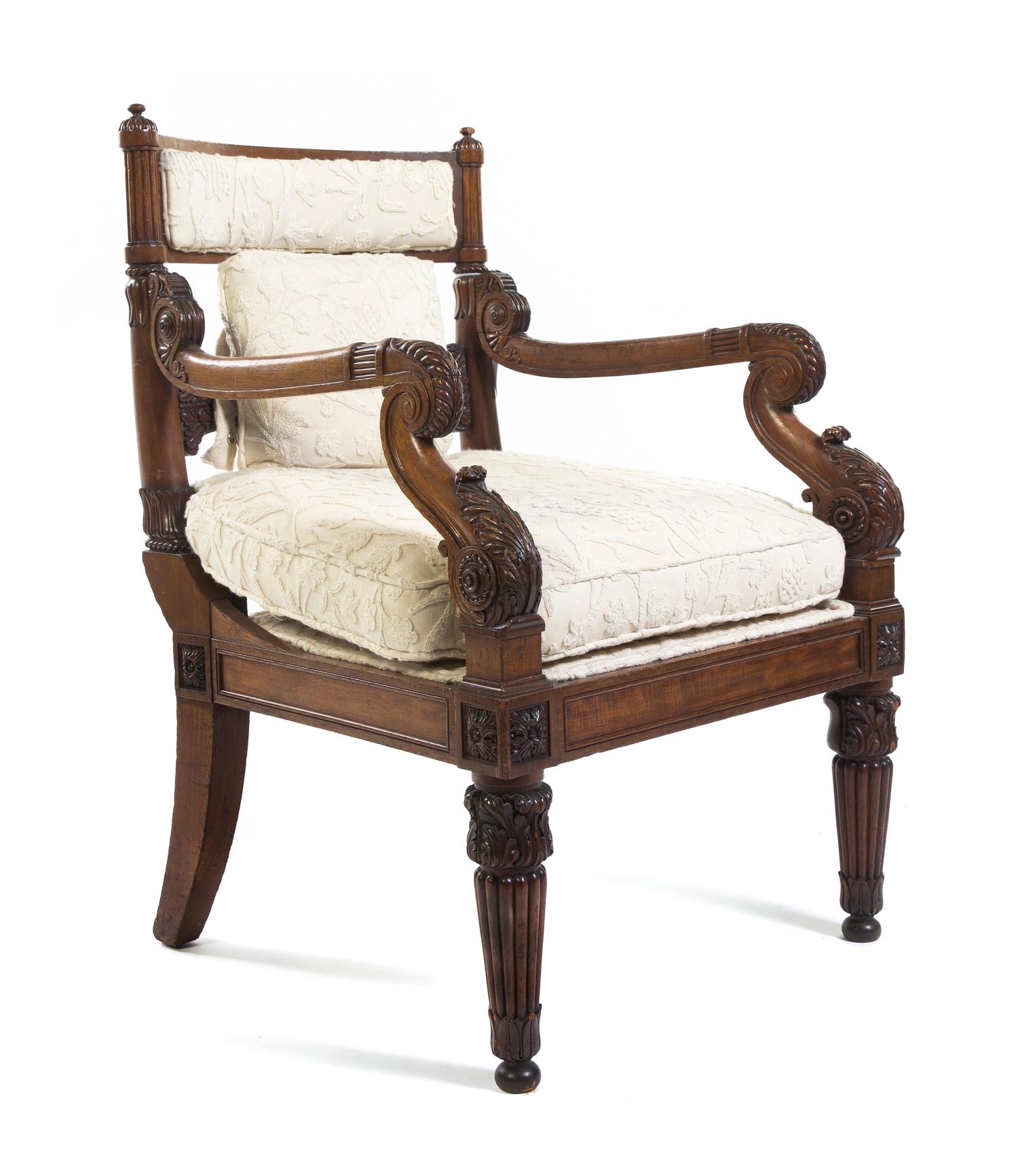 A Set of Twelve Regency Mahogany Dining Chairs, Height 37 inches.