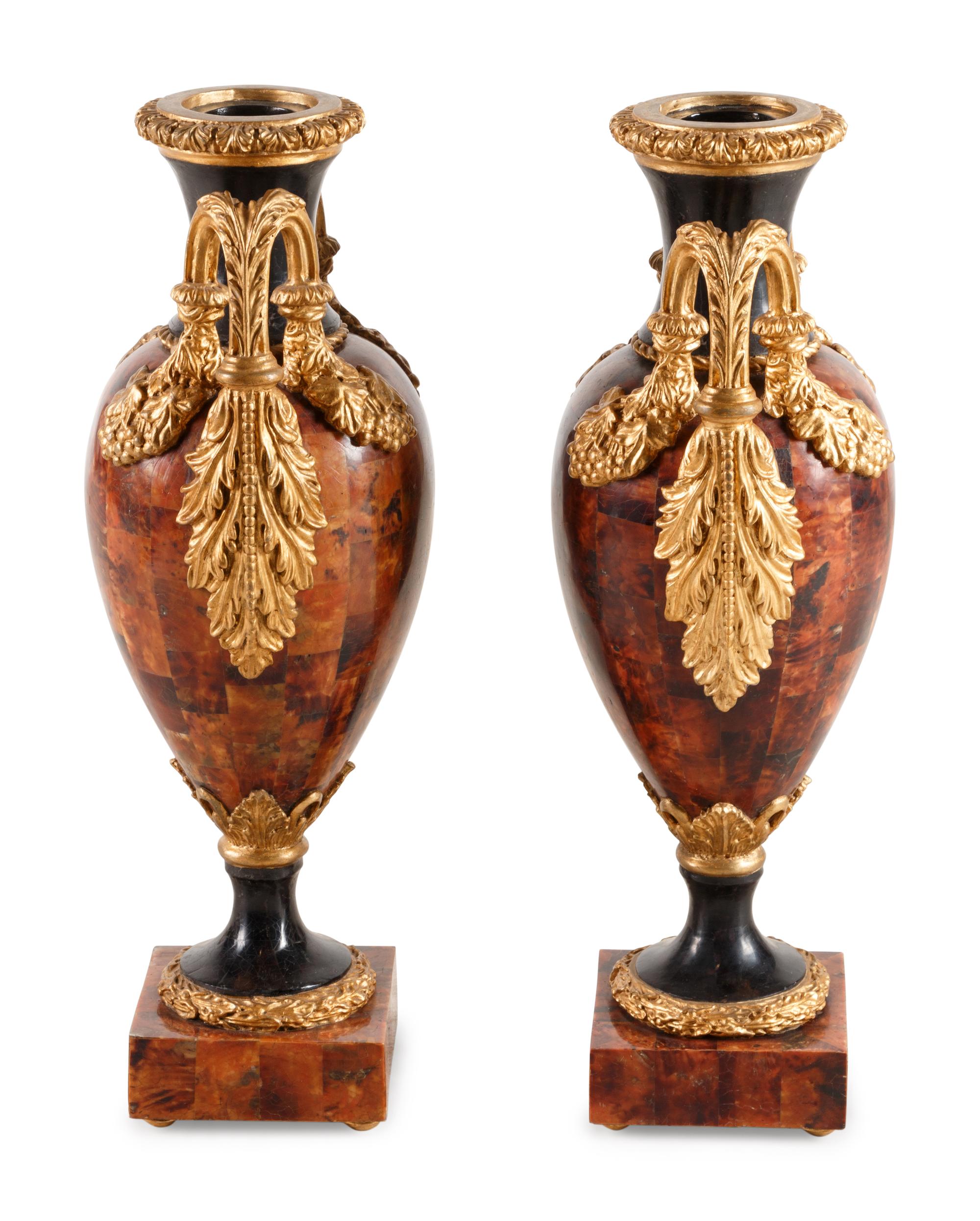 A Pair of Giltwood and Shell Veneered Urns