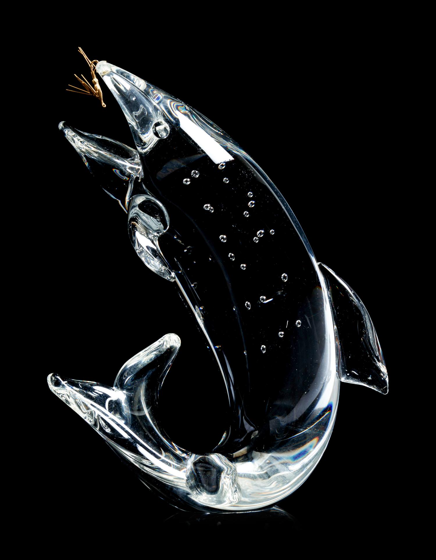 A Steuben Glass and 18K Gold Trout and Fly Figure