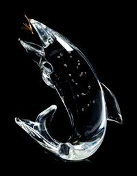 A Steuben Glass and 18K Gold Trout and Fly Figure