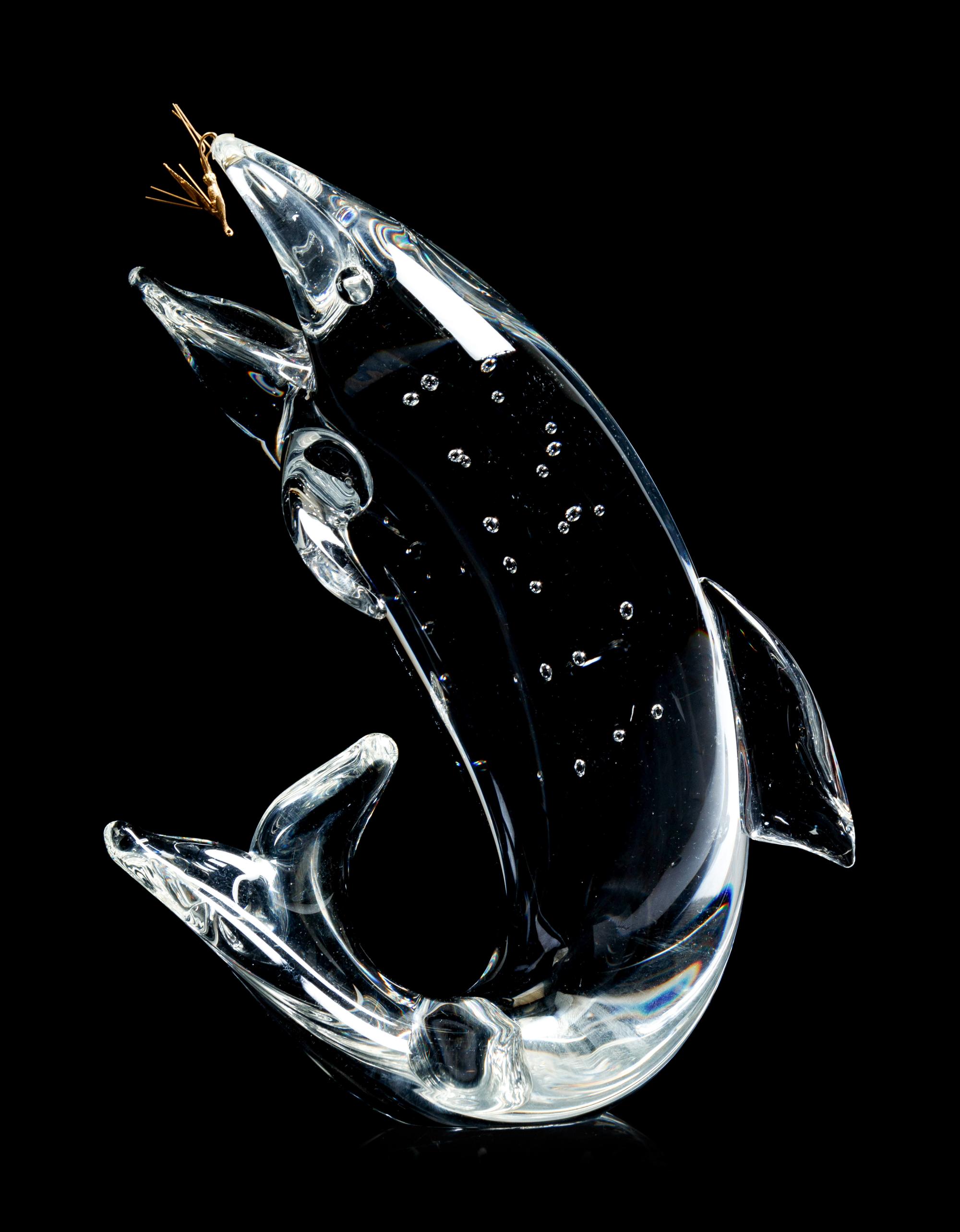 A Steuben Glass and 18K Gold Trout and Fly Figure