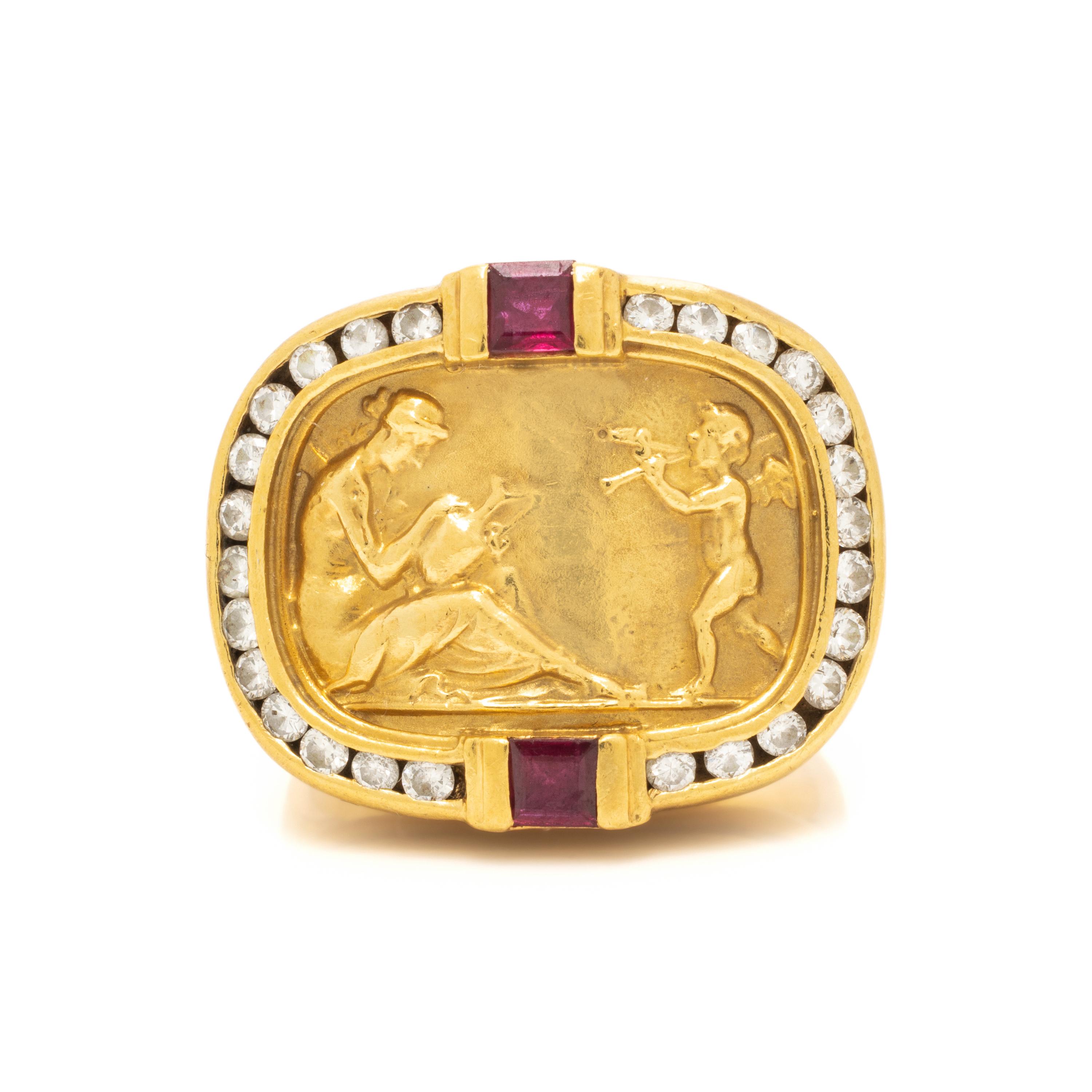 SeidenGang, Yellow Gold, Ruby, and Diamond Architectural Revival Ring
