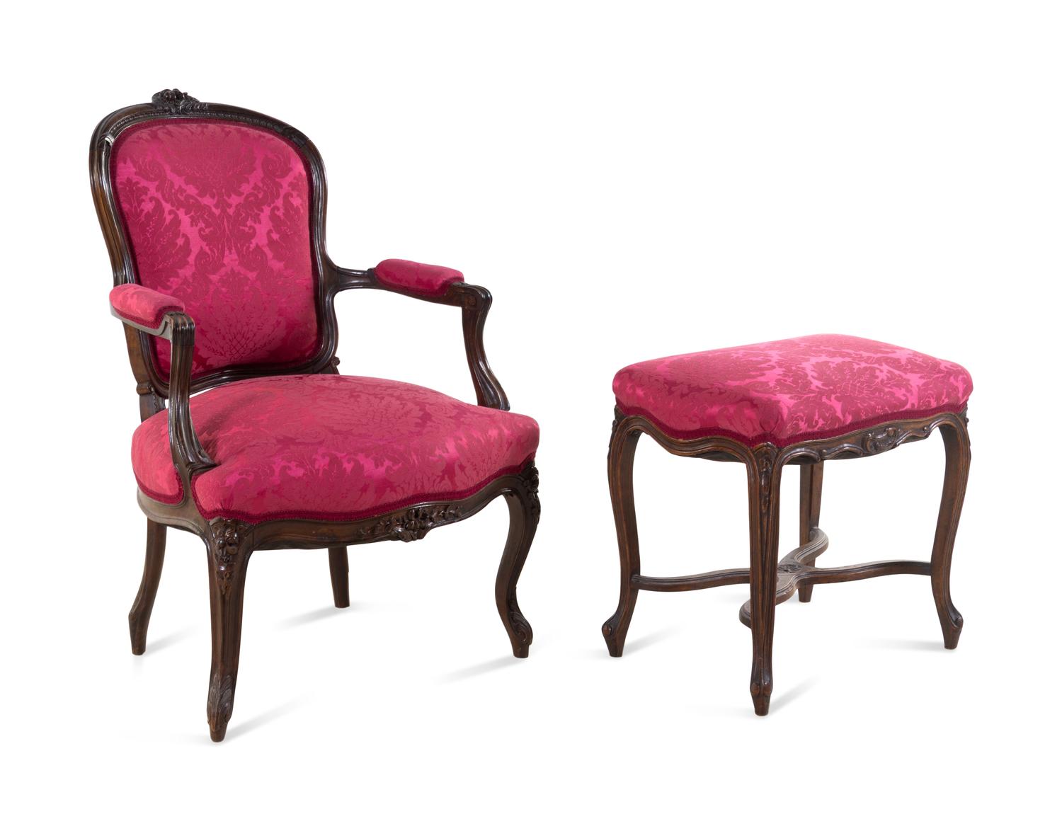 A Louis XV Style Carved Walnut Fauteuil and Tabouret
