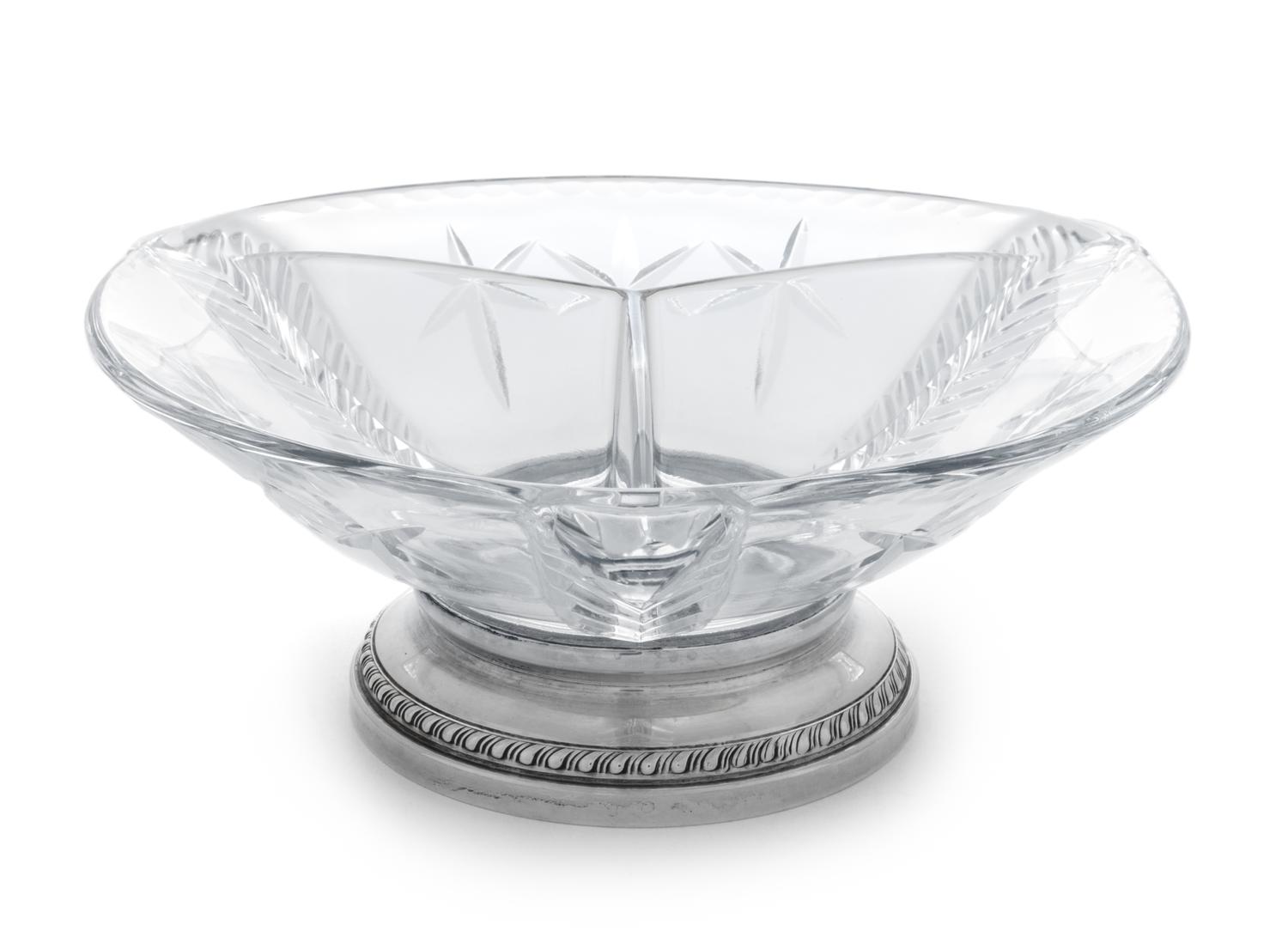 A Glass Three-Part Relish Dish on Silver Stand Diameter 8 1/4 inches. — SHEFFIELD SILVER CO., BROOKLYN, NY