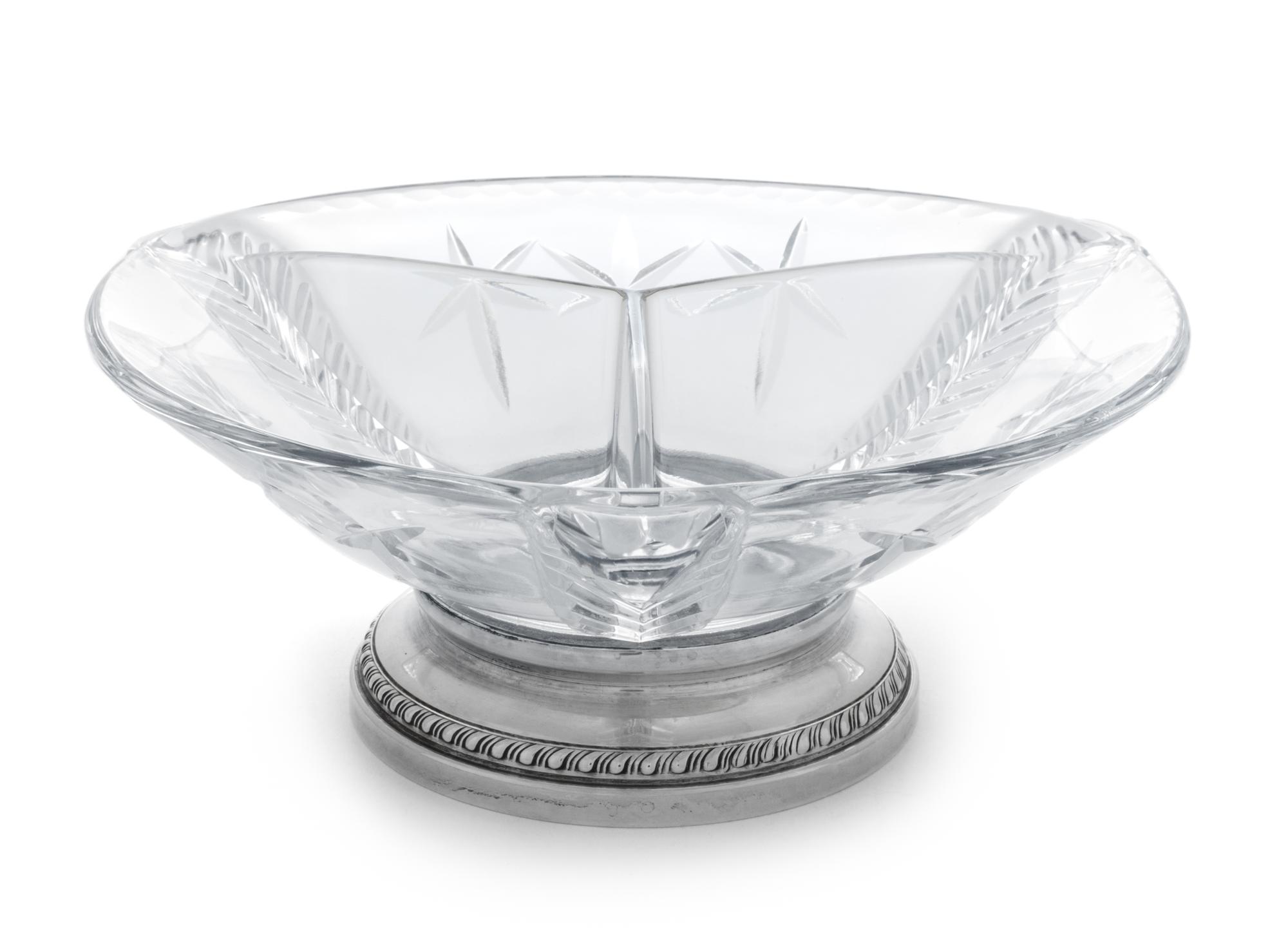 A Glass Three-Part Relish Dish on Silver Stand Diameter 8 1/4 inches. — SHEFFIELD SILVER CO., BROOKLYN, NY
