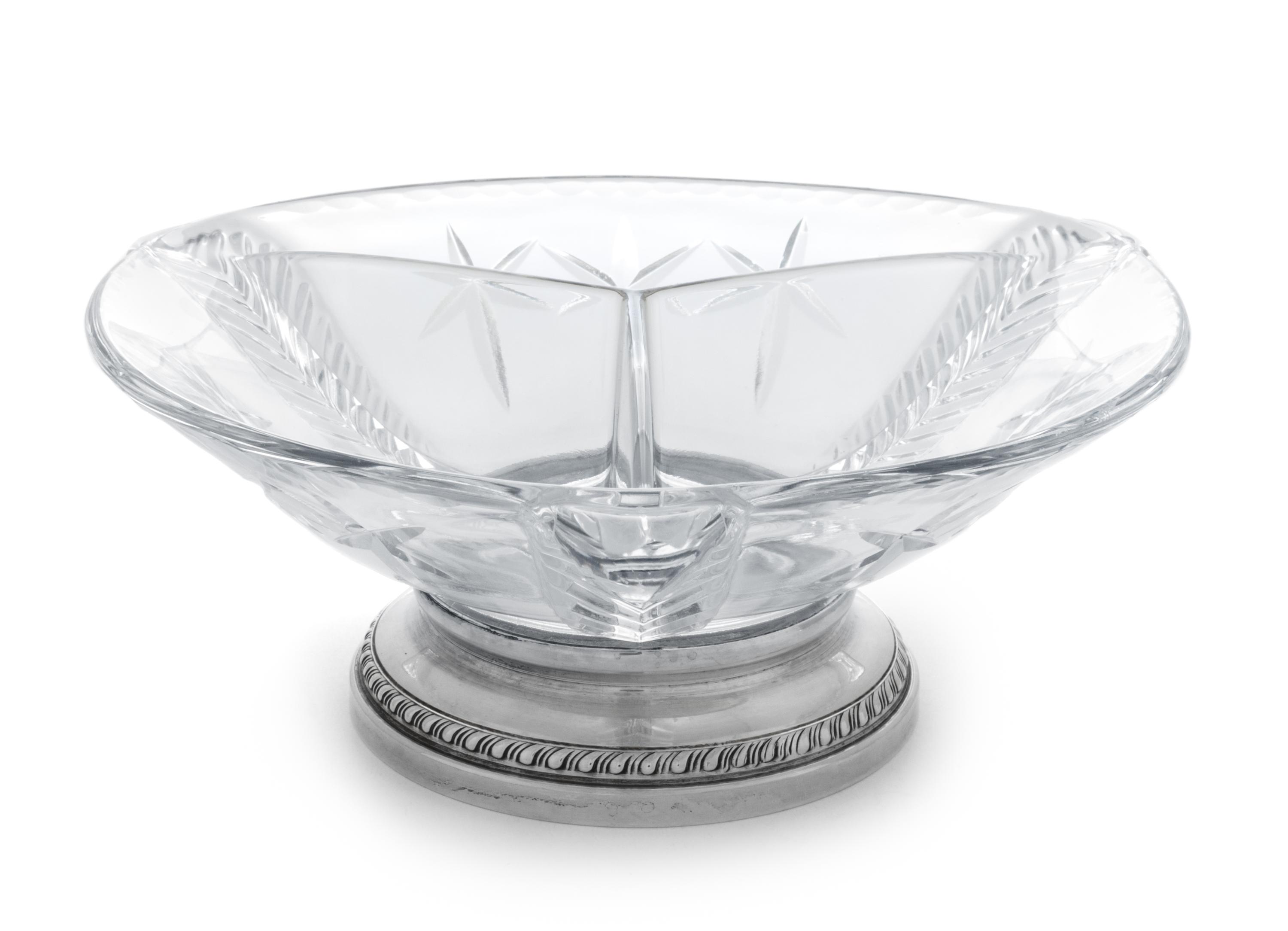 A Glass Three-Part Relish Dish on Silver Stand Diameter 8 1/4 inches. — SHEFFIELD SILVER CO., BROOKLYN, NY