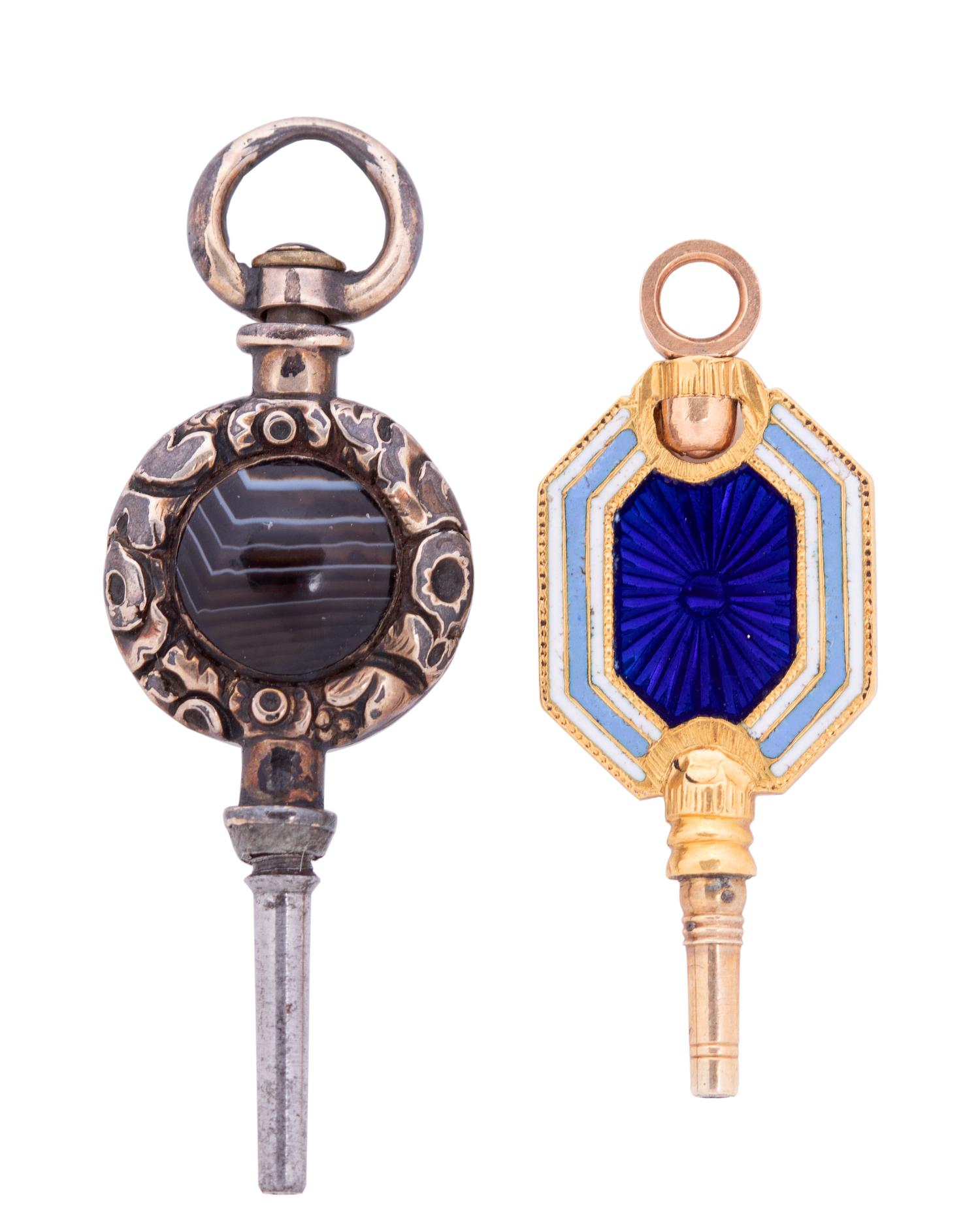 Two Antique Pocket Watch Keys and a Metal and Faux Pearl Watch Stand