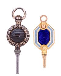 Two Antique Pocket Watch Keys and a Metal and Faux Pearl Watch Stand