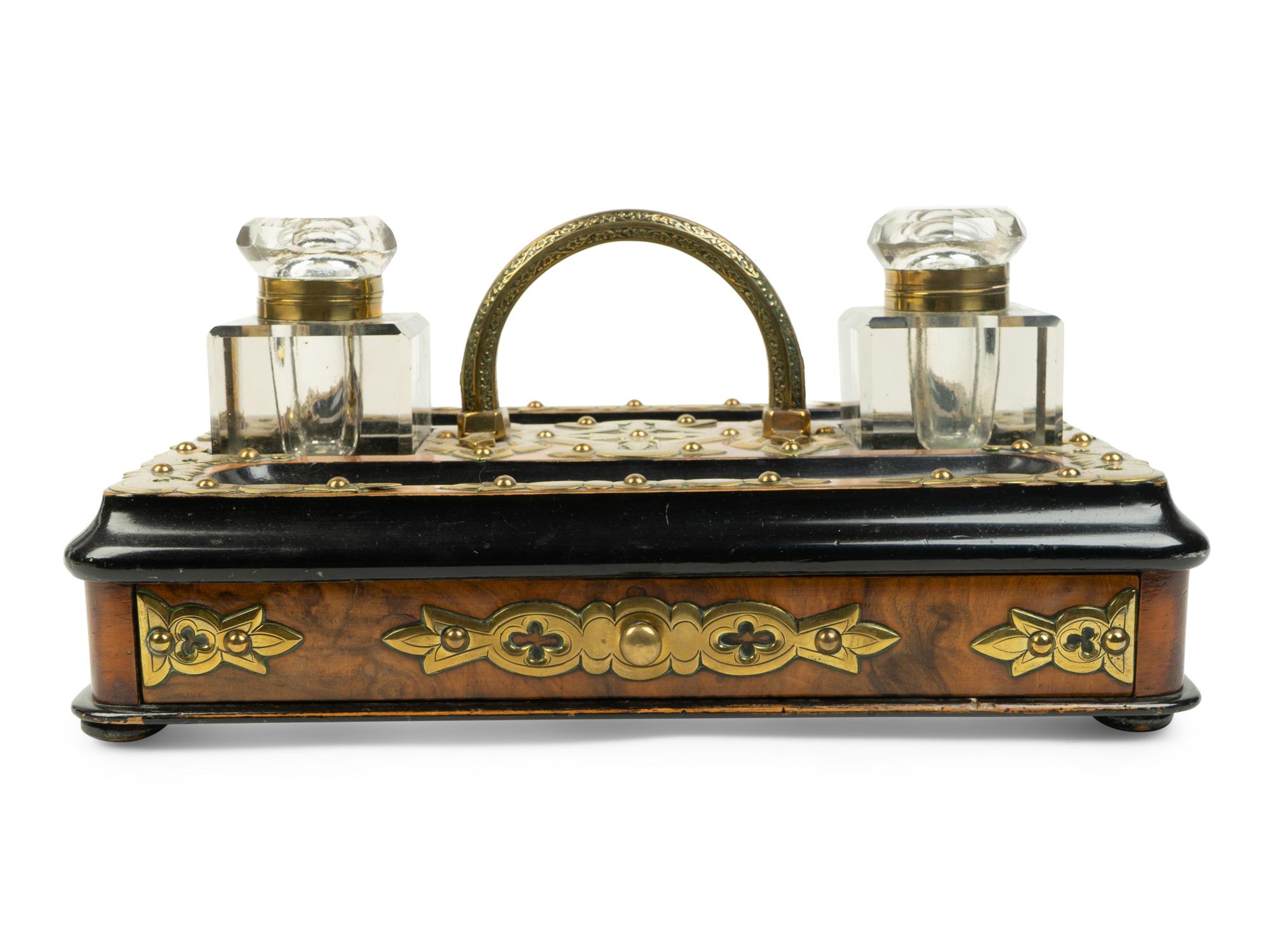 An English Brass Mounted Oak Inkwell — CIRCA 1860