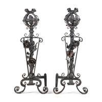 A Pair of Baroque Style Wrought Iron Andirons